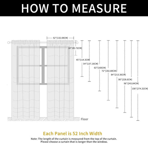 Diagram showing measurement guide for Orange Sheer Voile Window Curtain Panels 52 Inch Wide 84 Inch Long Rod Pocket 2 Panels.