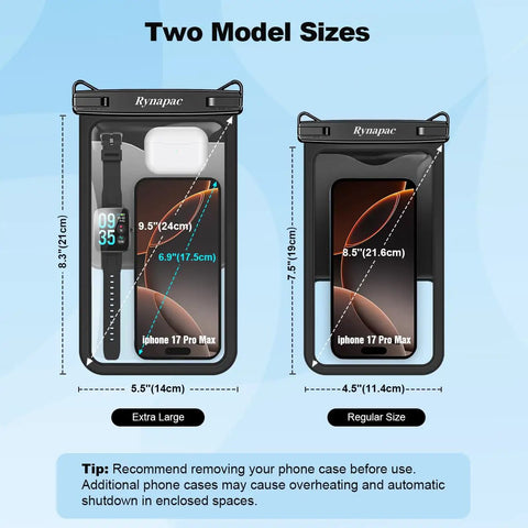 Two sizes of Large IPX8 Waterproof Phone Pouch 2 Pack Up To 10 Inch Case For iPhone 17 Pro Max shown with wristwatch and airpods.