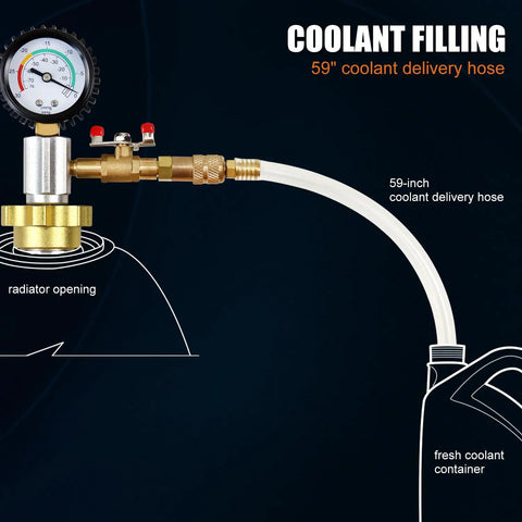 Pro Grade Automotive Radiator Coolant Vacuum Refill Tool Kit Featuring Universal Adapters for fast filling with 59-inch hose.