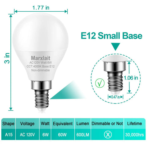 8 Pack E12 Ceiling Fan Light Bulbs 60W Equivalent LED A15 4000K Natural Daylight Small Base Candelabra Bulbs 120V Non Dimmable