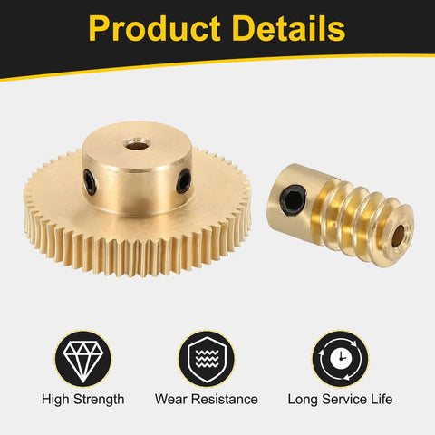 Brass Worm Gear Set 60T 0.5 Module 60 To 1 Reduction Right Rotation Drive Gear Box Wheel Transmission Part With Brass Gear 3mm Bore And Brass Rod 2mm Bore Heavy Duty Precision Gear Assembly, shown with brass worm and gear