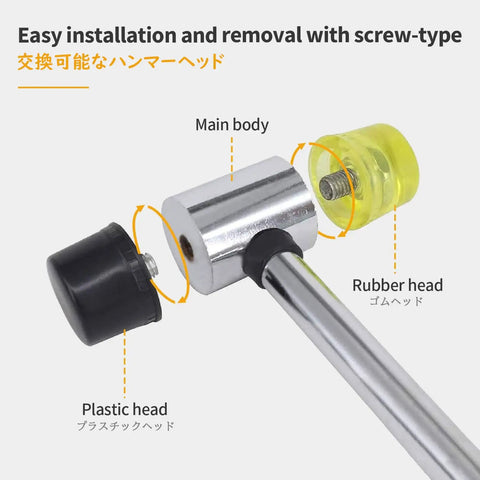 Exploded view of Double Sided Soft Hammer Mallet Rubber Hammer Go To Tool For Home Decoration And Installation Hand Tool 25mm Non Marring Head With Soft Grip Handle To Minimize Vibration And Rebound depicting replaceable head components