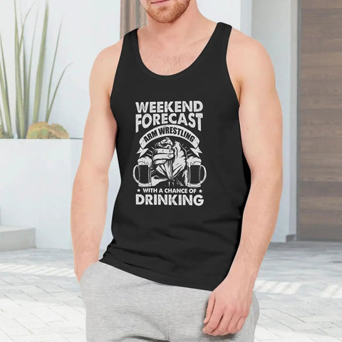 Go To Men's Lightweight Cotton Tank Top With Funny Motorboat Mechanic Beard Graphic Solid Sleeveless Muscle Jersey For Gym Grinds And Lazy Summer Vibes model wearing black tank top with arm wrestling graphic