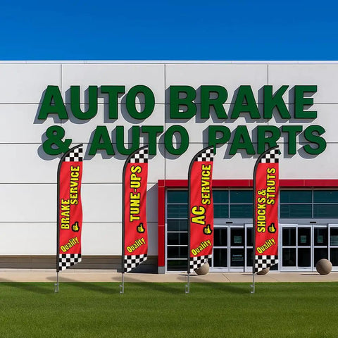 Repair Shop Promo Pack With Four Feather Flag Kits in front of auto brake and auto parts store, boosting local visibility and foot traffic.