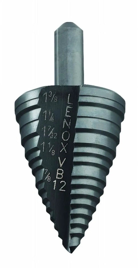 Front view of Vari-Bit Step Drill Bit 7/8 Inch To 1 3/8 Inch Number 12 Pro Grade Heavy-Duty Two-Flute Design with Lenox branding.