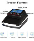Front view of Portable Counterfeit Money Detector with Auto Feed and 4 Way Direction Cash Counting for USD and Euro UV IR MG Detection.