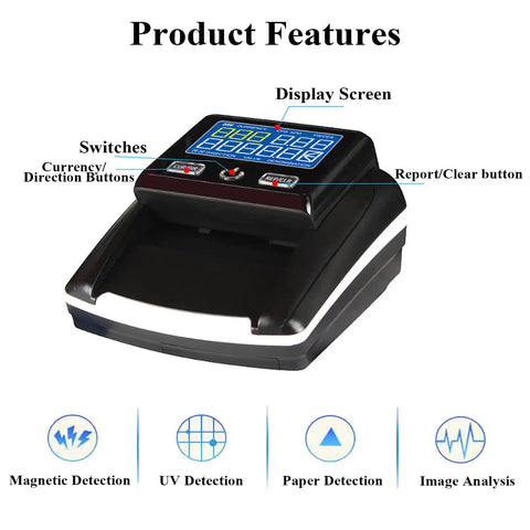 Front view of Portable Counterfeit Money Detector with Auto Feed and 4 Way Direction Cash Counting for USD and Euro UV IR MG Detection.