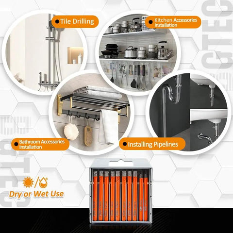 Image showing Dry Diamond Drill Bits Set 10 Piece 1/4 Inch Shank For Granite Marble Tile Ceramic Porcelain And Stone in use for tile drilling and installing kitchen, bathroom accessories, and pipelines.