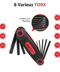 Folding Hex Key Set With Metric, SAE And Torx Sizes, Chrome Vanadium Steel, 3 Pack showing various Torx sizes with markings.