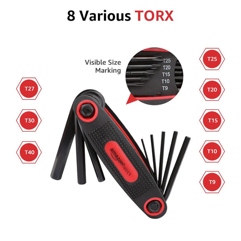 Folding Hex Key Set With Metric, SAE And Torx Sizes, Chrome Vanadium Steel, 3 Pack showing various Torx sizes with markings.