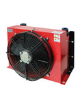 AH1470T 200L Hydraulic Oil Cooler Fan with red casing, aluminum radiator, heavy duty industrial cooling component for machinery heat exchange.