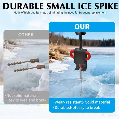 Comparison of Heavy Duty Ice Anchor Tool Kit for Ice Fishing with durable versus inferior spikes on ice.