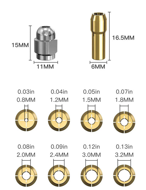 Diagram of Keyless Drill Chuck Collet Set For Rotary Tools, 14 Piece, showing dimensions and shank sizes, 1/32 to 1/8 inch.
