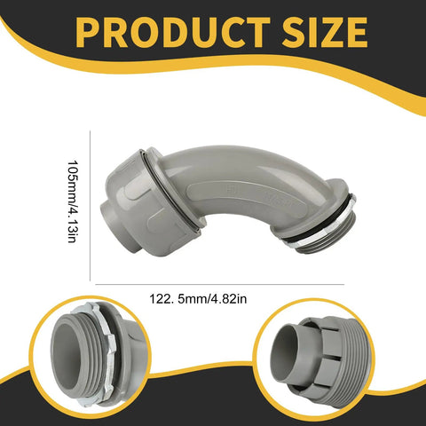 Tough As A Nail Ninety Degree Conduit Connectors built heavy, 1.25 inch grey nylon fitting with rubber gasket.