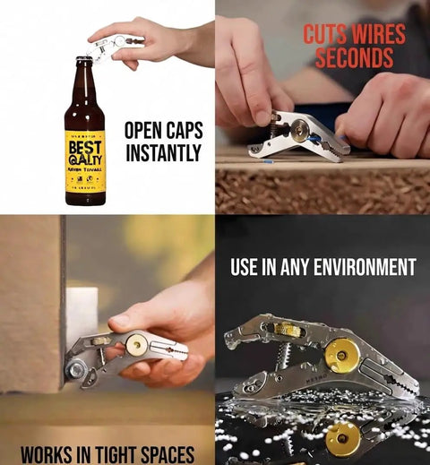 All-In-One Grab-And-Go Pocket Multi-Tool Grip - Stainless Steel EDC Pliers With Adjustable Jaw, Wire Cutter, Hex Wrenches 6-14mm, Bottle Opener, Chomping Zone And Edge Nipping Point For Home Repairs, Camping, And Cycling. Hand using stainless steel multi-tool to cut wire and open bottle
