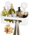 Powerful Suction Cup Shower Caddy With Removable Shelf Slick Install Bathroom Organizer Holds Up To 22 Lbs Waterproof Storage For Tile Glass Mirror And Stainless Steel White holding toiletries
