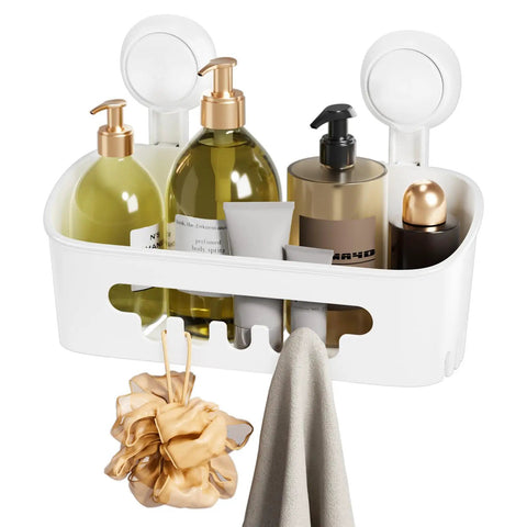 Powerful Suction Cup Shower Caddy With Removable Shelf Slick Install Bathroom Organizer Holds Up To 22 Lbs Waterproof Storage For Tile Glass Mirror And Stainless Steel White holding toiletries