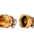 Brass Garden Hose Connector Repair Kit with stainless clamp, showing 1/2 inch water hose fitting and 3/4 inch GHT