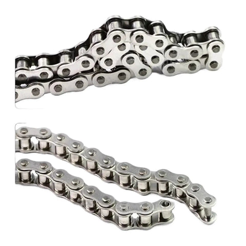 Top Tier Stainless Steel Roller Chain Compatible With 06B, 08A, 08B, And 10A Sprockets, showing fine polished links for smooth operation.