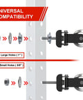 2 Pack Rotating Pulley Attachment For 3x3 Power Rack Swivel Aluminum Cable Setup With 1 And 5/8 Inch Adapters showing compatibility with different hole sizes.