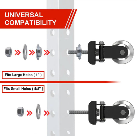 2 Pack Rotating Pulley Attachment For 3x3 Power Rack Swivel Aluminum Cable Setup With 1 And 5/8 Inch Adapters showing compatibility with different hole sizes.