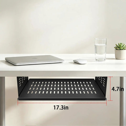 Heavy Duty Under Desk Computer Mount For Small Form Factor Desktops Plus Gaming Consoles Straight Up Rugged Space Saving Organizer with measuring dimensions.