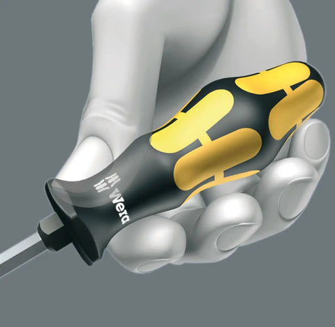Hand holding Kraftform Plus 932 A Slotted Screwdriver 9mm Head 6 Inch Blade Length with ergonomic handle and impact cap