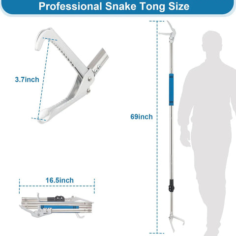 69 Inch Snake Grabber Reacher Tool With Wide Jaw, Heavy Duty Stainless Steel Snakes Catcher Tongs, Long Reach Reptile Catcher With Sponge Wrapped Handle, Rust Resistant, Ultra Durable Blue Finish