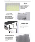 Heavy Duty Solar LED Flood Light With Remote And Light Sensor IP65 Waterproof 10W To 150W features LED chip, ABS housing, and adjustable bracket.
