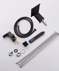 Complete view of Roman Tub Faucet Deck Mount Waterfall Tub Faucet Matte Black With Hand Shower Sprayer Three Hole Set Includes Hot And Cold Hoses And Hardware For No Fuss Easy Install Out Of The Box