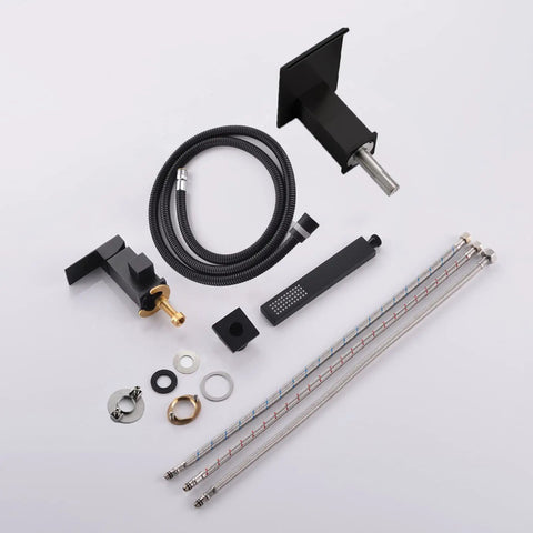 Complete view of Roman Tub Faucet Deck Mount Waterfall Tub Faucet Matte Black With Hand Shower Sprayer Three Hole Set Includes Hot And Cold Hoses And Hardware For No Fuss Easy Install Out Of The Box