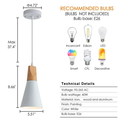 Three Pack White Modern Minimalist Pendant Lights Kit With Mounting Hardware And Instructions, dimensions and bulb types shown.