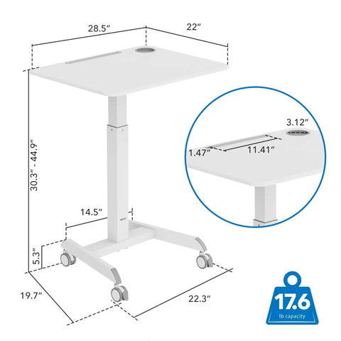 Portable Laptop Cart On Wheels With Adjustable Height Sit Stand Desk And A 28.5 By 22 Inch Tabletop In White, ergonomic mobile workstation with dimensions.