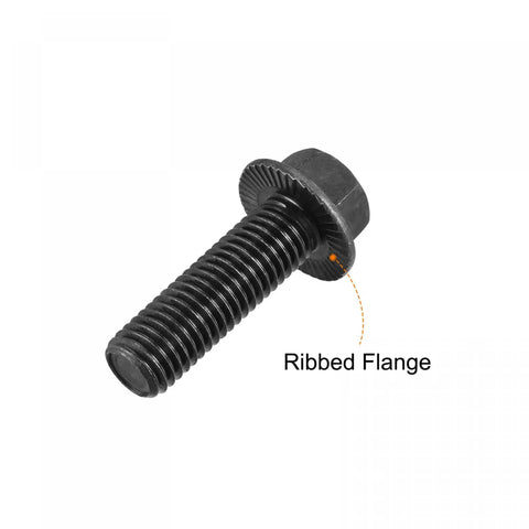 M14 X 45mm Hex Serrated Flange Bolts 10.9 Grade Carbon Steel Heavy Duty Fasteners Black Oxide Finish close-up view of ribbed flange