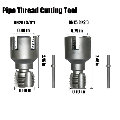 Dual Function Pipe Thread Cutter And Threader Kit For Home Use Internal And External Threading In One Tool showing 1/2" and 3/4" dies.