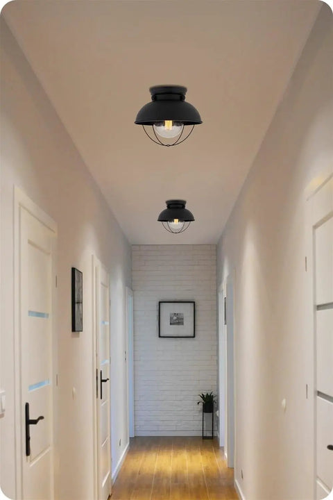 Farmhouse Nautical Flush Mount Ceiling Light With Seeded Glass Shade In Matte Black Finish, Modern Industrial Close-To-Ceiling Fixture With Removable Cage, Ideal For Kitchen, Hallway, Or Foyer