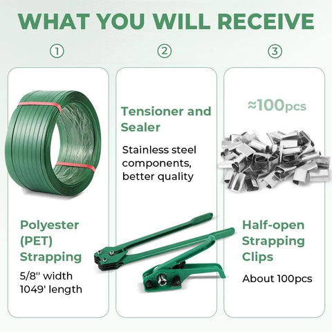 Five Eighths Inch Polyester PET Banding Kit For Pallets 1049 Feet Long Strapping Set With Heavy Duty Steel Tensioner