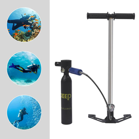 Compact Scuba Tank 3.0 Cu Ft 3000 PSI with 4500 PSI High Pressure Pump Dive Kit, lightweight aluminum tank and hand pump shown.