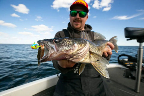 Angler holding walleye with Elite Series MVP Jig With Premium Hook And Gamakatsu Big River Hook For Walleye Bass And Trout Assorted Colors