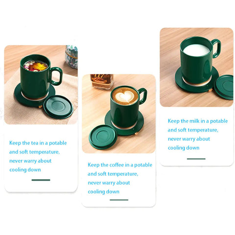 Smart Thermostatic Usb Coffee Mug Warmer Set To Keep Your Daily Brew Hot And Smooth Without Any Cold Cup Vibes Electric Heater Coaster showing green mug and coaster.