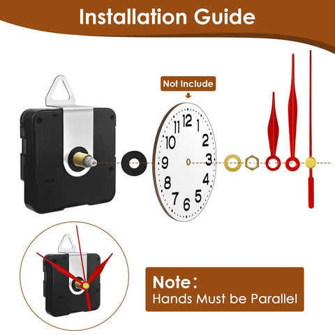 Installation guide for Three Shaft Size Quartz Clock Movement Kit With Eight Pairs Of Short Hands, showing parts assembly.