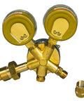 Front view of brass argon/CO2 MIG welder regulator with dual outlets and threaded fittings