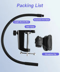 Packing list showing Adjustable 13.78 Inch Gooseneck Desk Microphone Stand With Clip, arm, clamp.
