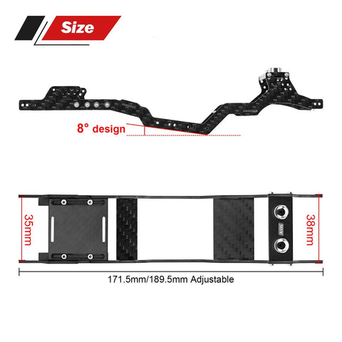 Universal Carbon Fiber LCG Chassis Kit for 1/24 Axial SCX24 with adjustable wheelbase, showing 8-degree skid plate design.