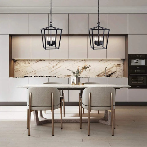 Farmhouse Lantern Pendant Light for Kitchen Island and Dining Room, 12 Inch Black Openwork Cage Chandelier, in modern kitchen