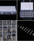 Heavy Duty 280Pcs Stainless Steel Roll Pin Set With Slotted Pins Assortment Kit M1.5 To M8 in plastic box, close-up view