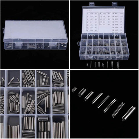 Heavy Duty 280Pcs Stainless Steel Roll Pin Set With Slotted Pins Assortment Kit M1.5 To M8 in plastic box, close-up view