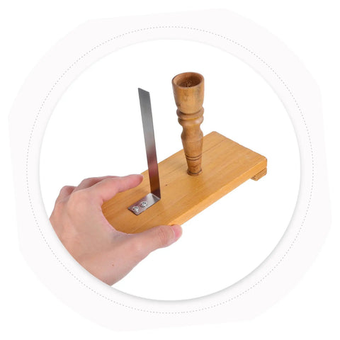Easy To Use Pendulum Inertia Demonstrator For Physics Labs with wooden base and metal wave motion tool held by hand.