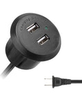 Recessed USB Power Grommet For Sleek Desk And Sofa Setup Featuring Built In Dual Fast Charging Ports With Totally Hidden Cord Routing. Black design with dual USB ports and attached cable.