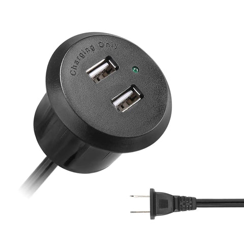 Recessed USB Power Grommet For Sleek Desk And Sofa Setup Featuring Built In Dual Fast Charging Ports With Totally Hidden Cord Routing. Black design with dual USB ports and attached cable.